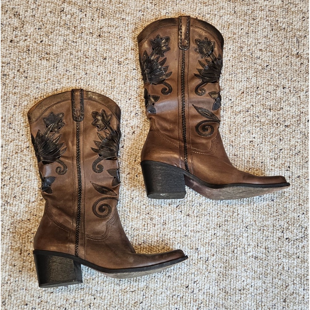 CARLOS SANTANA Brown Leather Floral Cutout Western Cowboy Boots Womens 9M